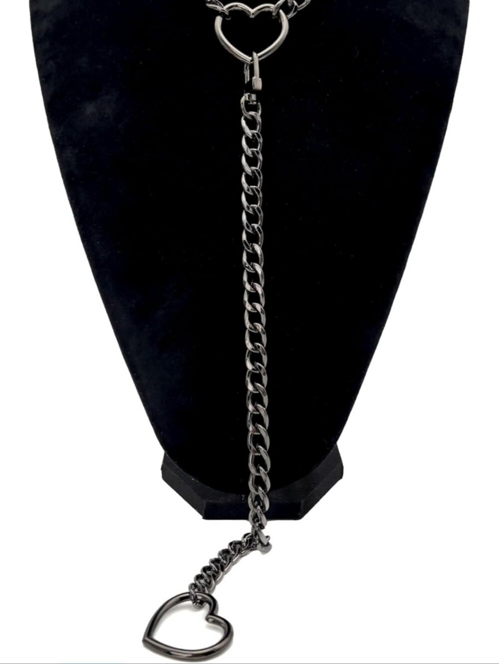 Heart Chain Leather Collar - Black Metal Heart Leash View 2